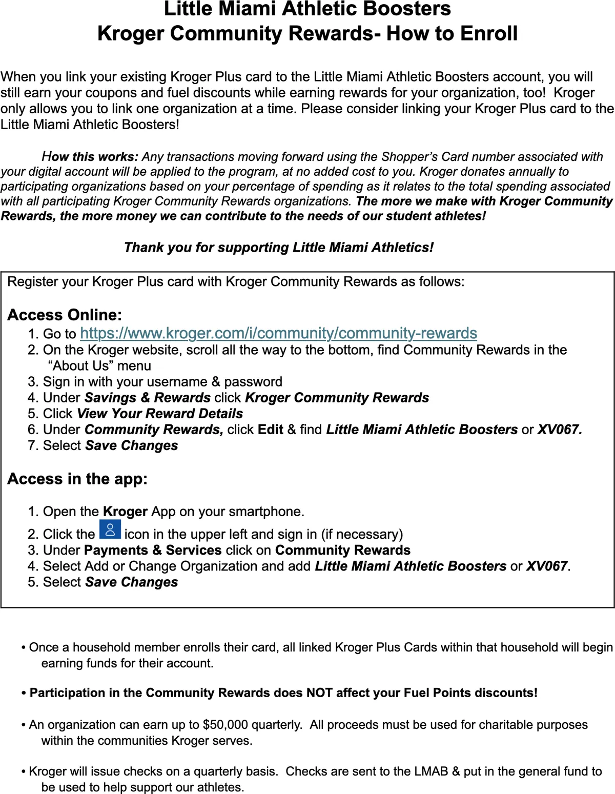 Little Miami Athletic Boosters Kroger Community Rewards enrollment flyer. It lists the steps to link a Kroger Plus card online or in the Kroger app using organization code XV067, all of which are written out on this page above.